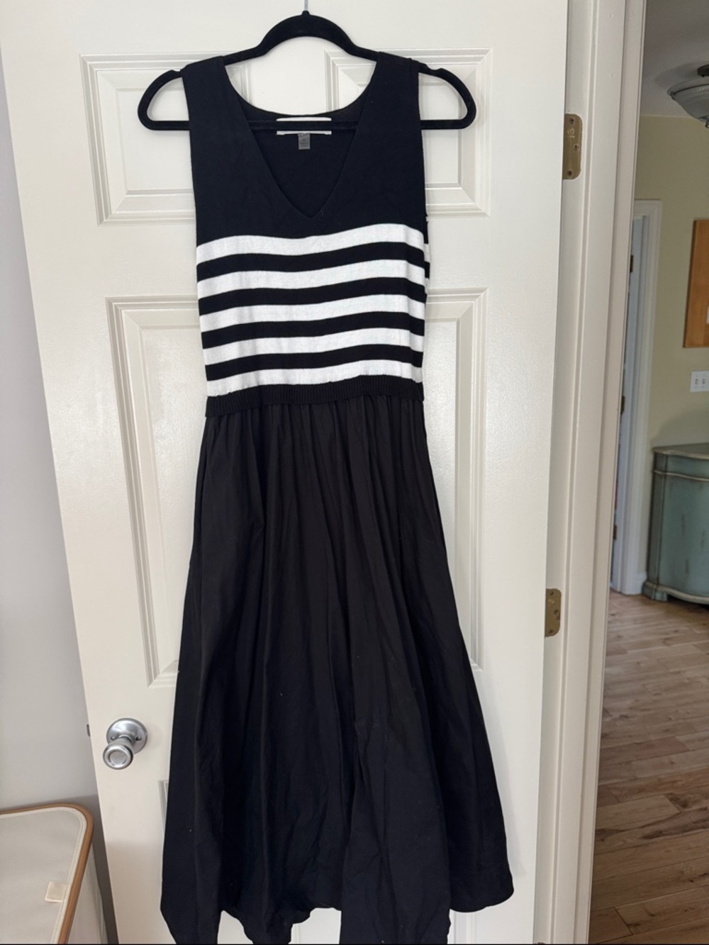 Black and White Striped Knit Bodice Midi Dress